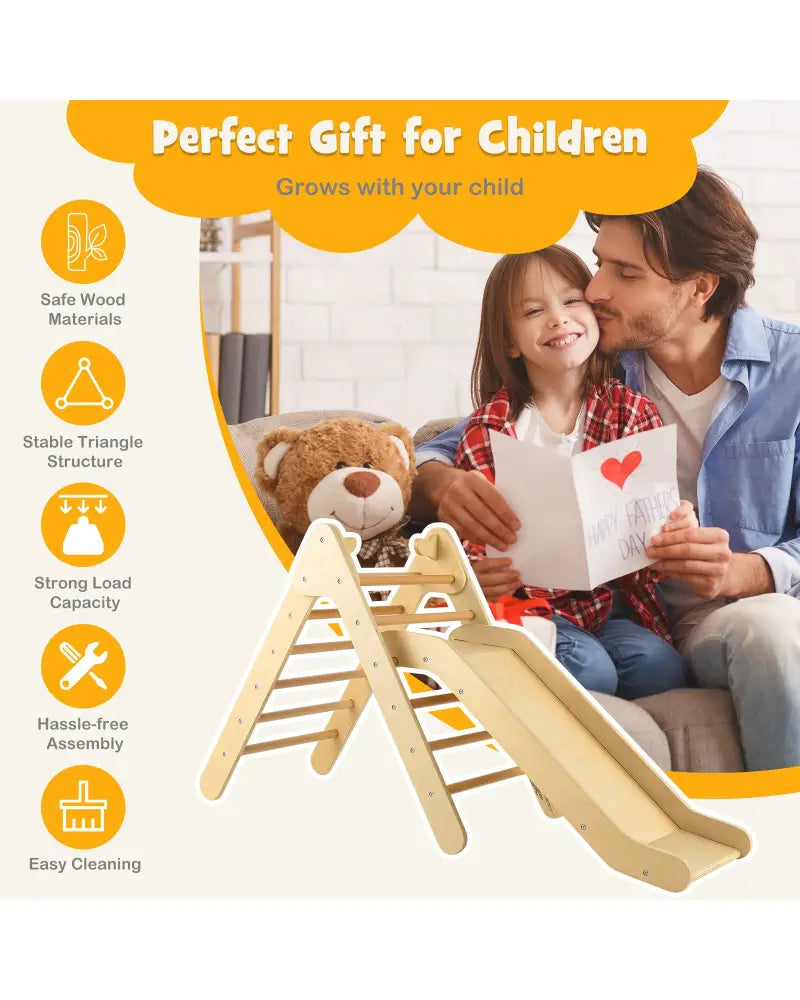 2-in-1 Wooden Triangle Climber Set with Gradient Adjustable Slide-Natural - Natural - Climbers & Slides