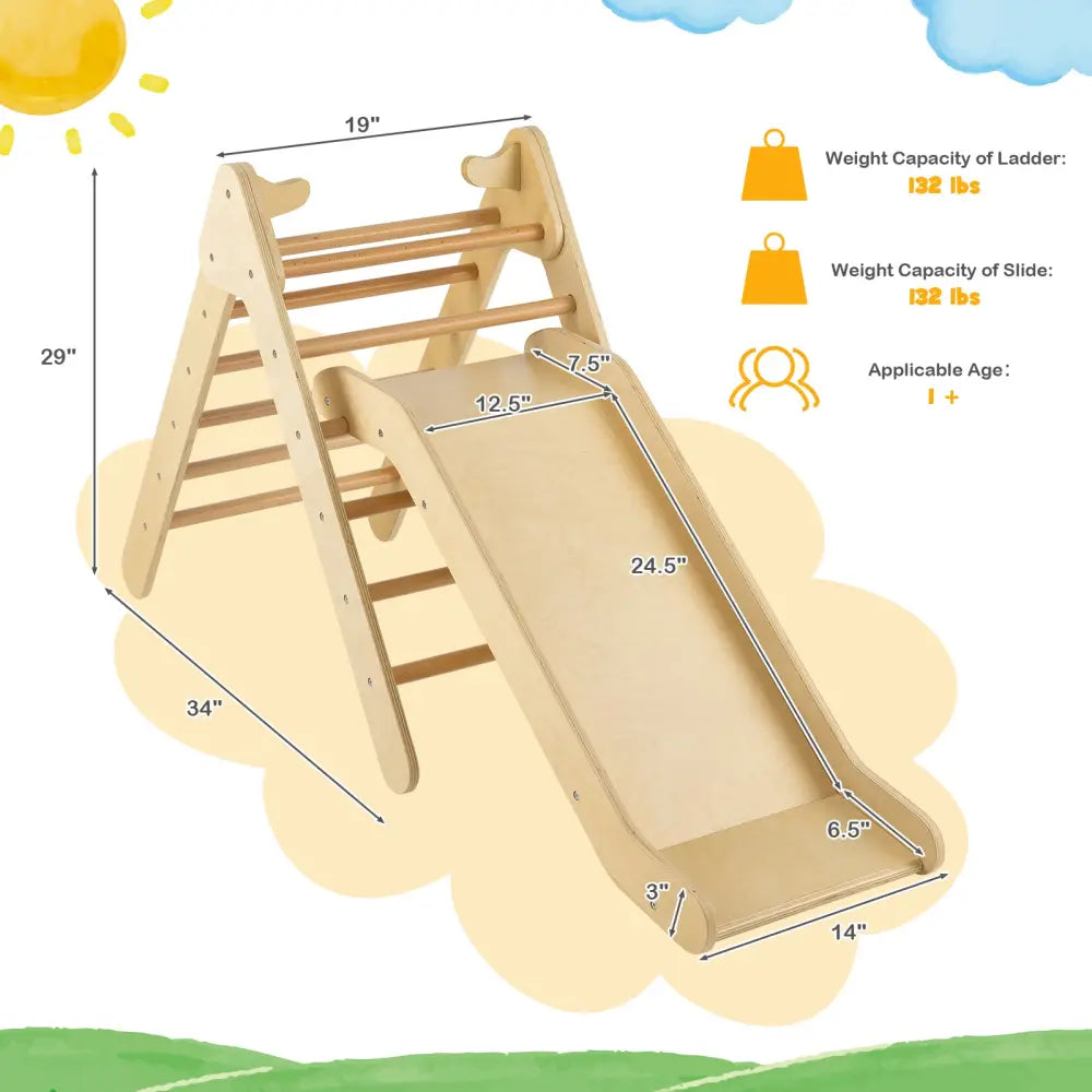 2-in-1 Wooden Triangle Climber Set with Gradient Adjustable Slide-Natural - Natural - Climbers & Slides