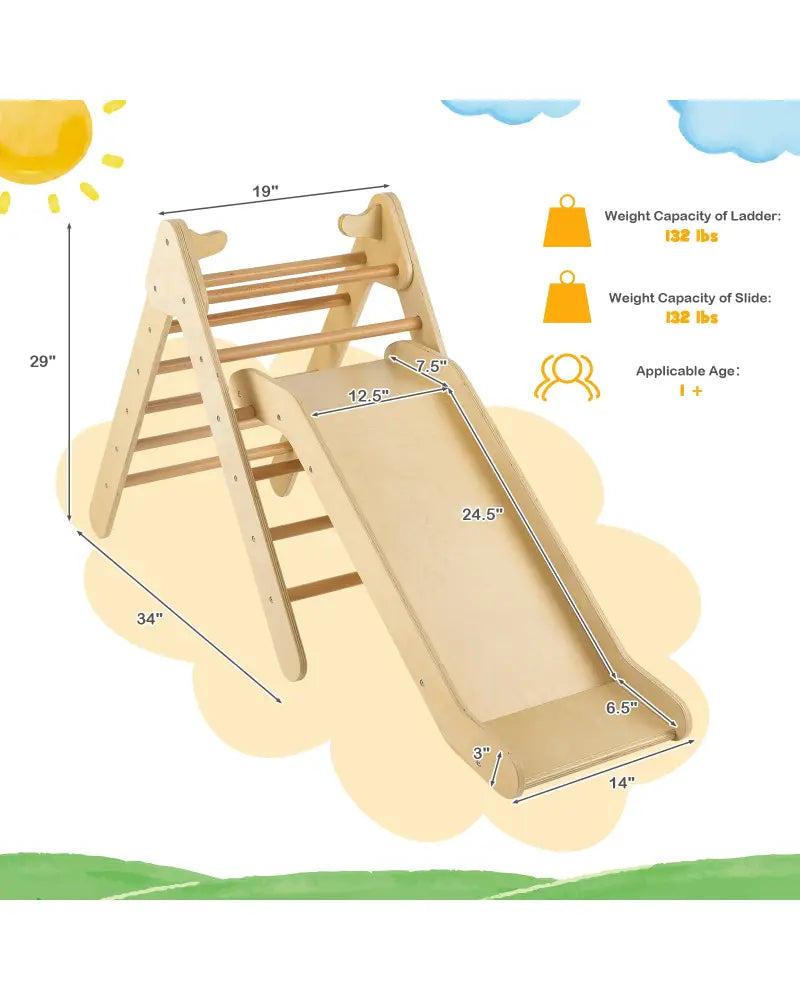 2-in-1 Wooden Triangle Climber Set with Gradient Adjustable Slide-Natural - Natural - Climbers & Slides