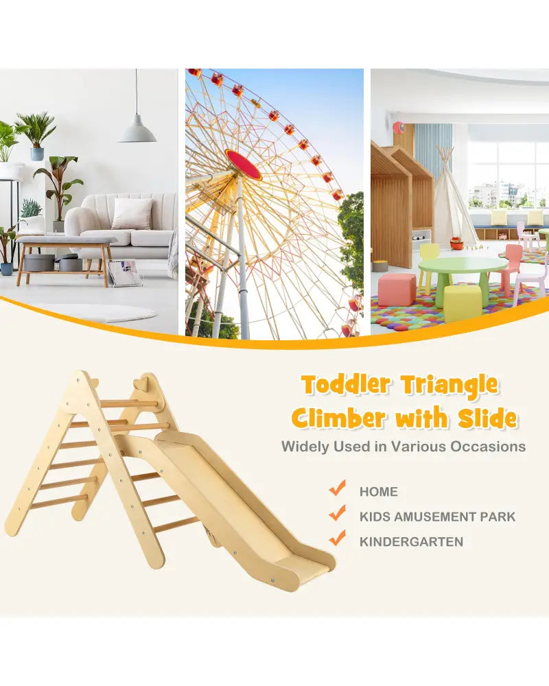 2-in-1 Wooden Triangle Climber Set with Gradient Adjustable Slide-Natural - Natural - Climbers & Slides