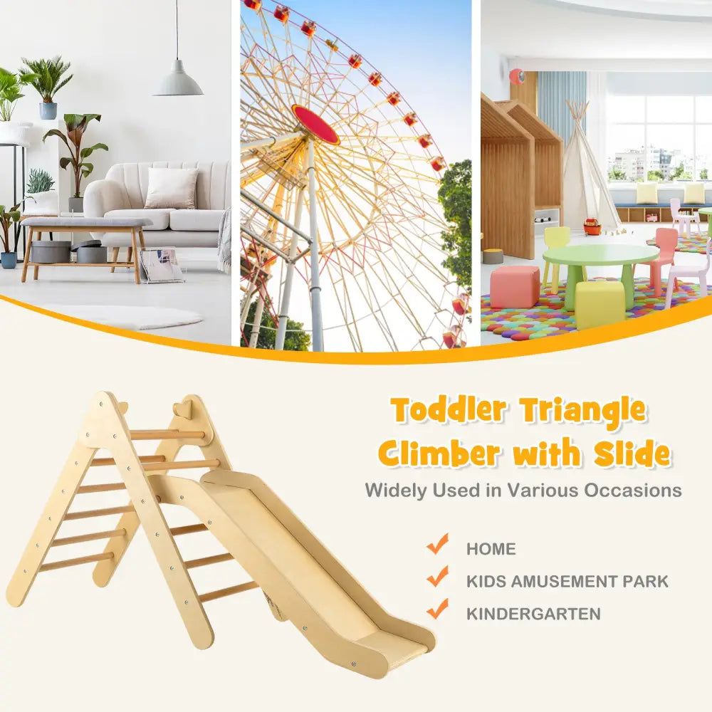 2-in-1 Wooden Triangle Climber Set with Gradient Adjustable Slide-Natural - Natural - Climbers & Slides