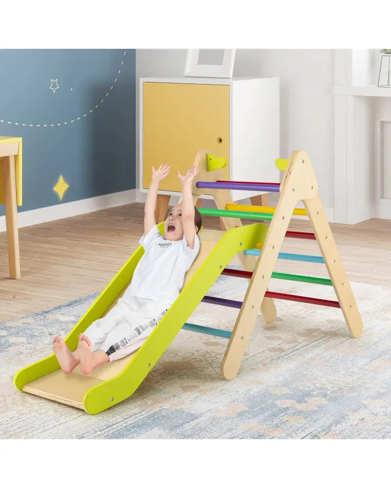 2-in-1 Wooden Triangle Climber Set with Gradient Adjustable Slide-Multicolor - Multicolor - Climbers & Slides