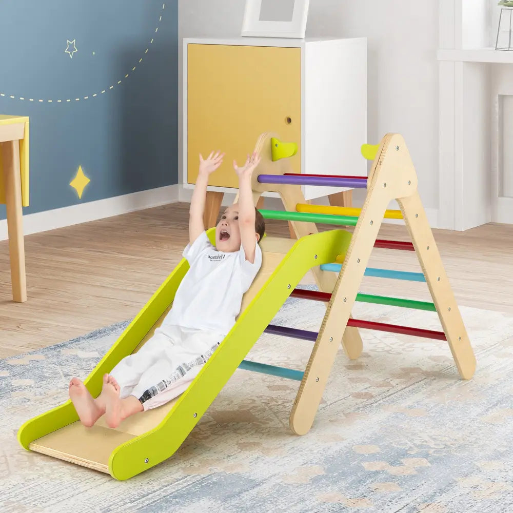 2-in-1 Wooden Triangle Climber Set with Gradient Adjustable Slide-Multicolor - Multicolor - Climbers & Slides