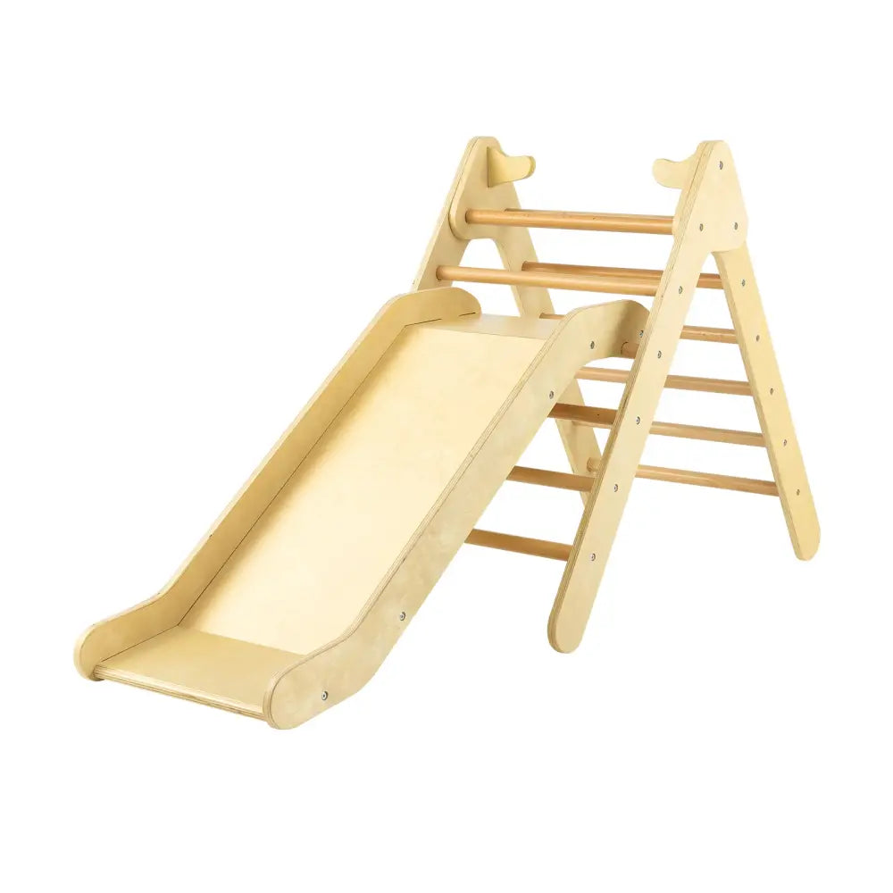 2-in-1 Wooden Triangle Climber Set with Gradient Adjustable Slide-Natural - Natural - Climbers & Slides