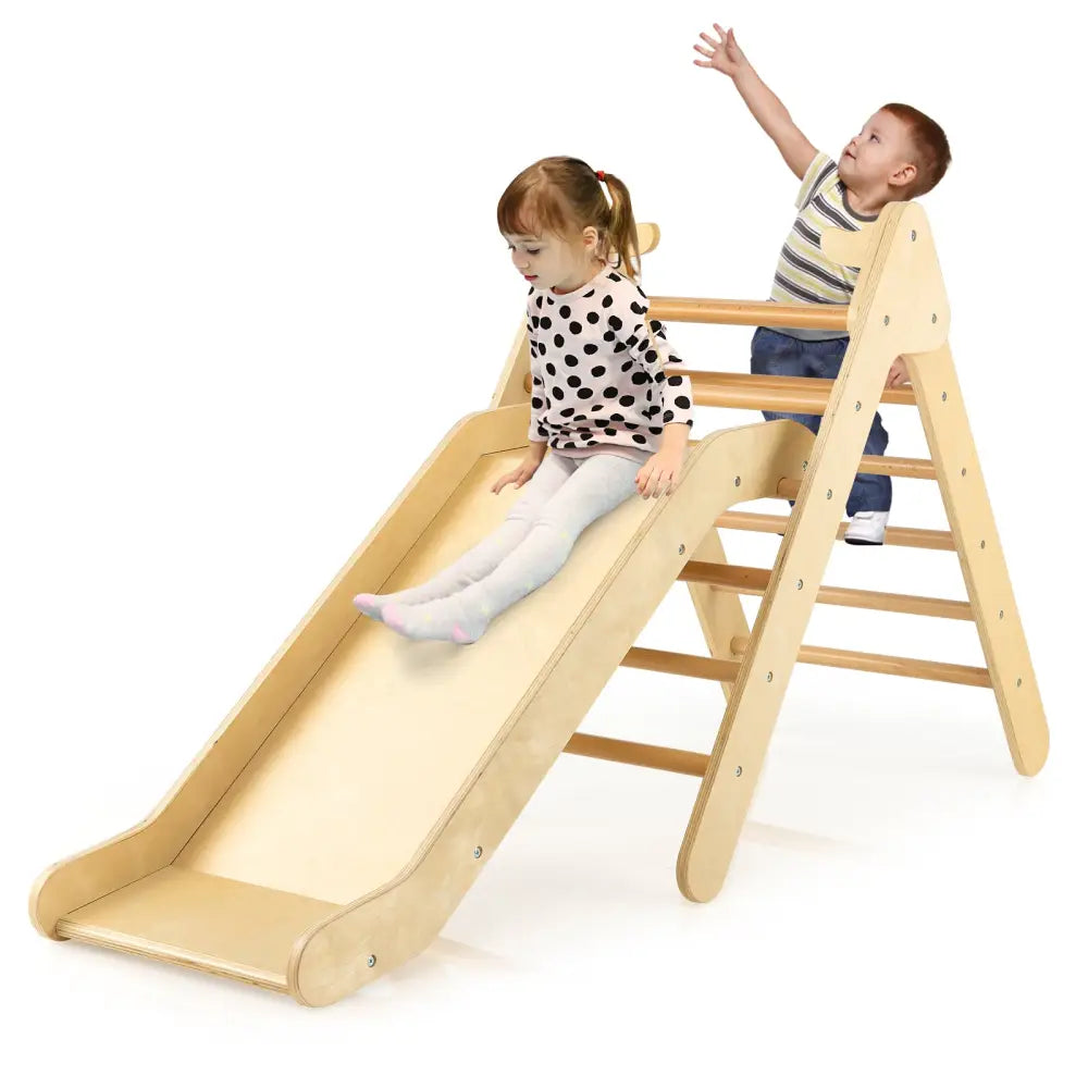 2-in-1 Wooden Triangle Climber Set with Gradient Adjustable Slide-Natural - Natural - Climbers & Slides