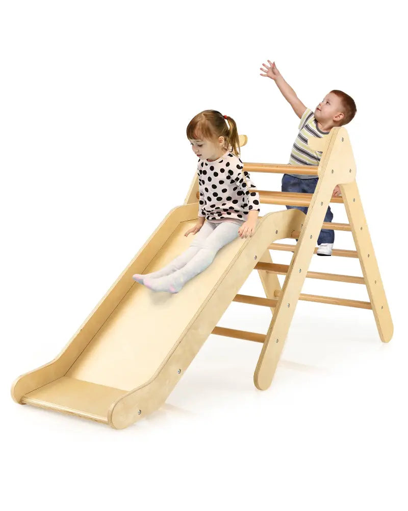 2-in-1 Wooden Triangle Climber Set with Gradient Adjustable Slide-Natural - Natural - Climbers & Slides