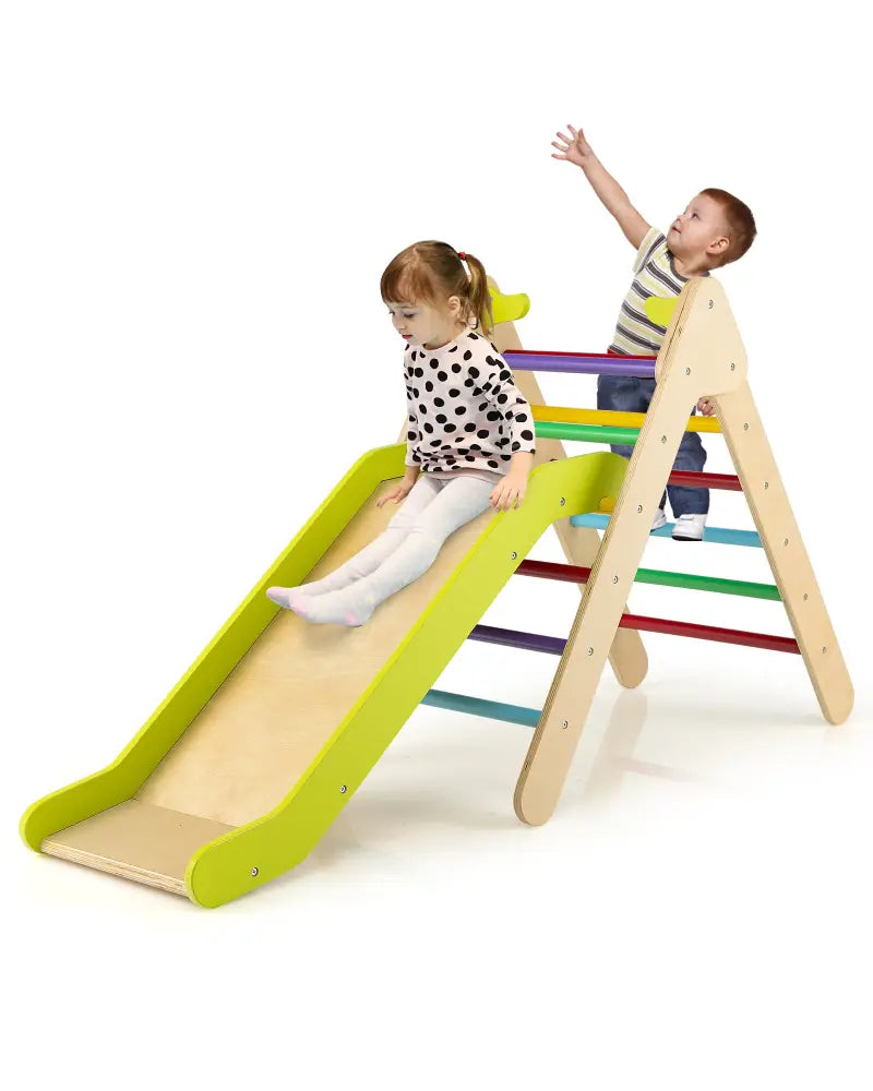 2-in-1 Wooden Triangle Climber Set with Gradient Adjustable Slide-Multicolor - Multicolor - Climbers & Slides
