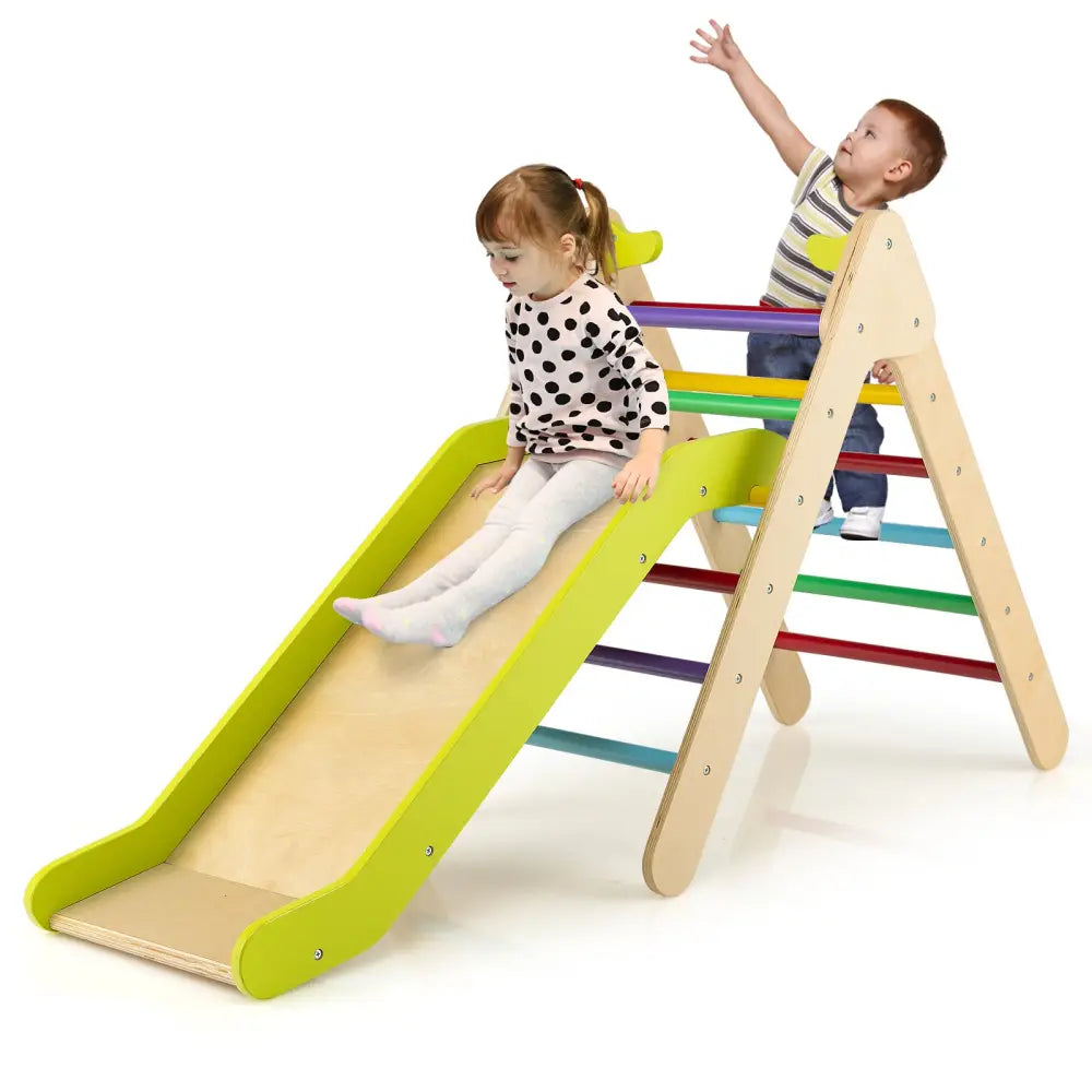 2-in-1 Wooden Triangle Climber Set with Gradient Adjustable Slide-Multicolor - Multicolor - Climbers & Slides