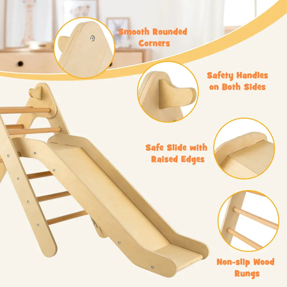 2-in-1 Wooden Triangle Climber Set with Gradient Adjustable Slide-Natural - Natural - Climbers & Slides