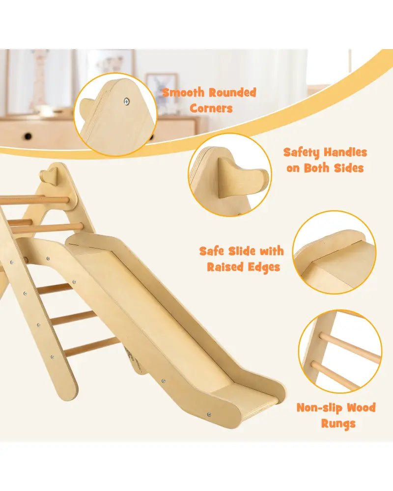 2-in-1 Wooden Triangle Climber Set with Gradient Adjustable Slide-Natural - Natural - Climbers & Slides