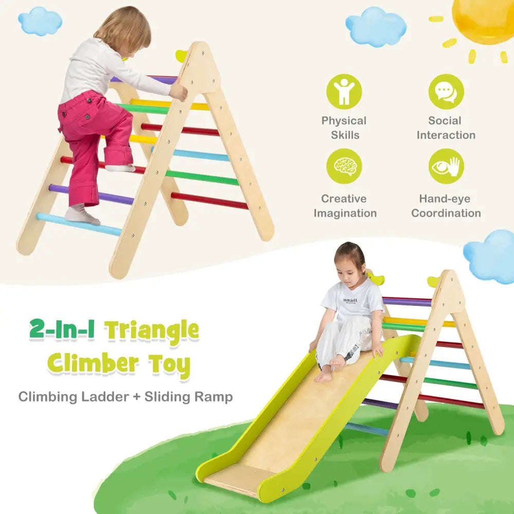 2-in-1 Wooden Triangle Climber Set with Gradient Adjustable Slide-Multicolor - Multicolor - Climbers & Slides