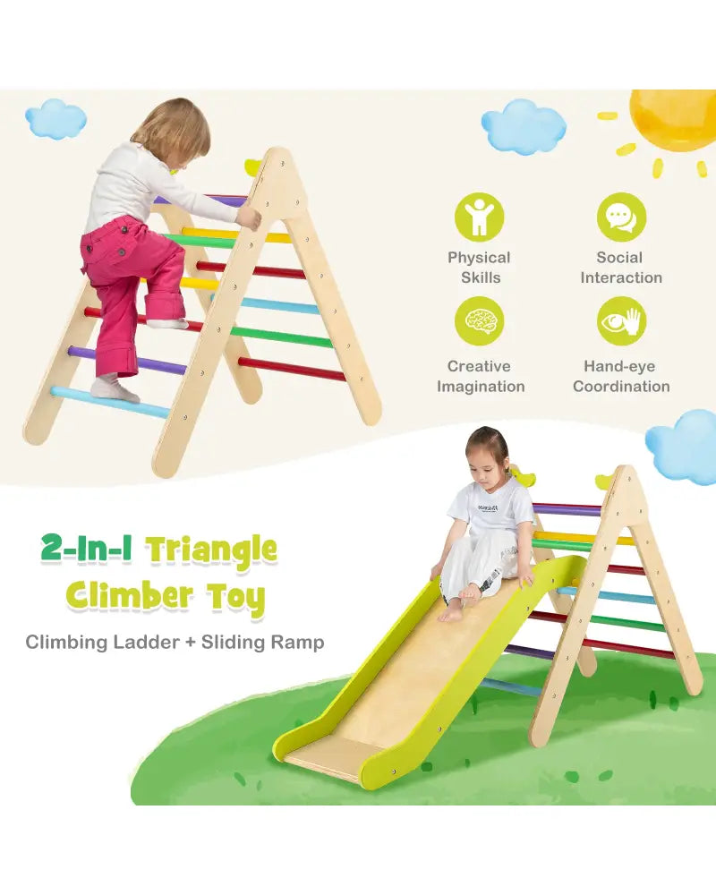 2-in-1 Wooden Triangle Climber Set with Gradient Adjustable Slide-Multicolor - Multicolor - Climbers & Slides