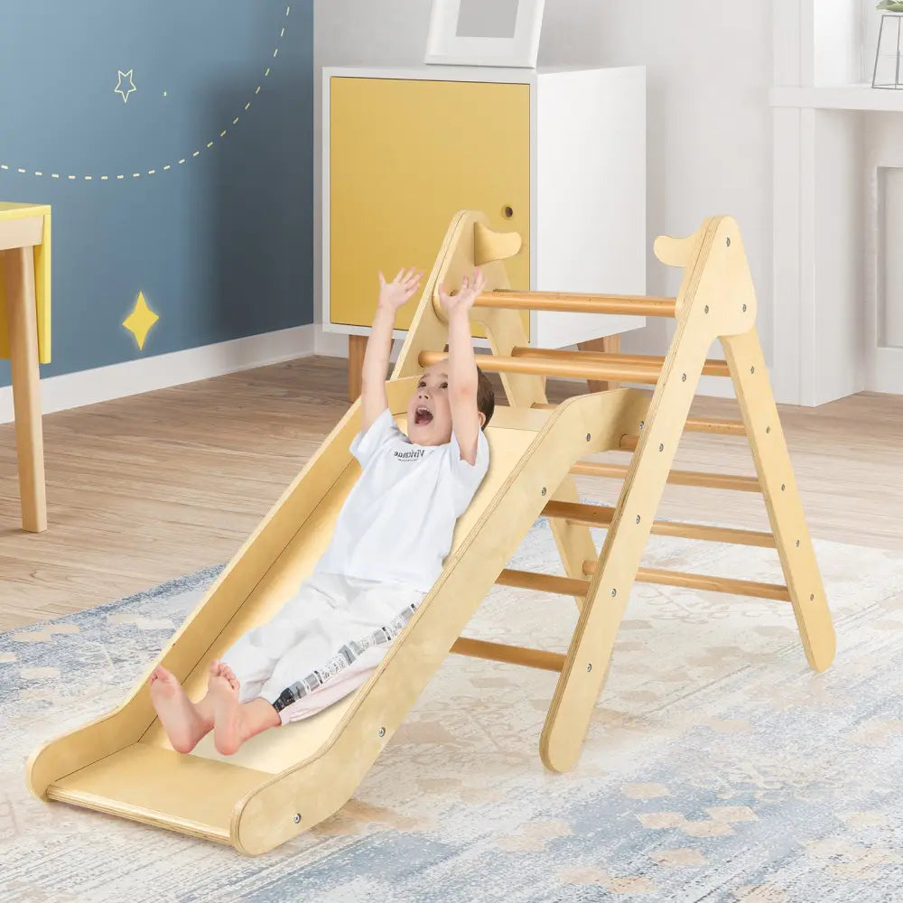 2-in-1 Wooden Triangle Climber Set with Gradient Adjustable Slide-Natural - Natural - Climbers & Slides