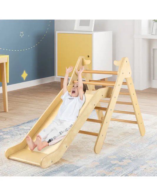 2-in-1 Wooden Triangle Climber Set with Gradient Adjustable Slide-Natural - Natural - Climbers & Slides