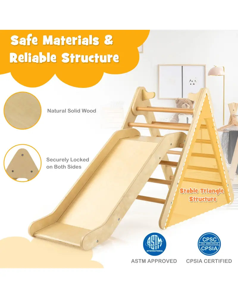 2-in-1 Wooden Triangle Climber Set with Gradient Adjustable Slide-Natural - Natural - Climbers & Slides