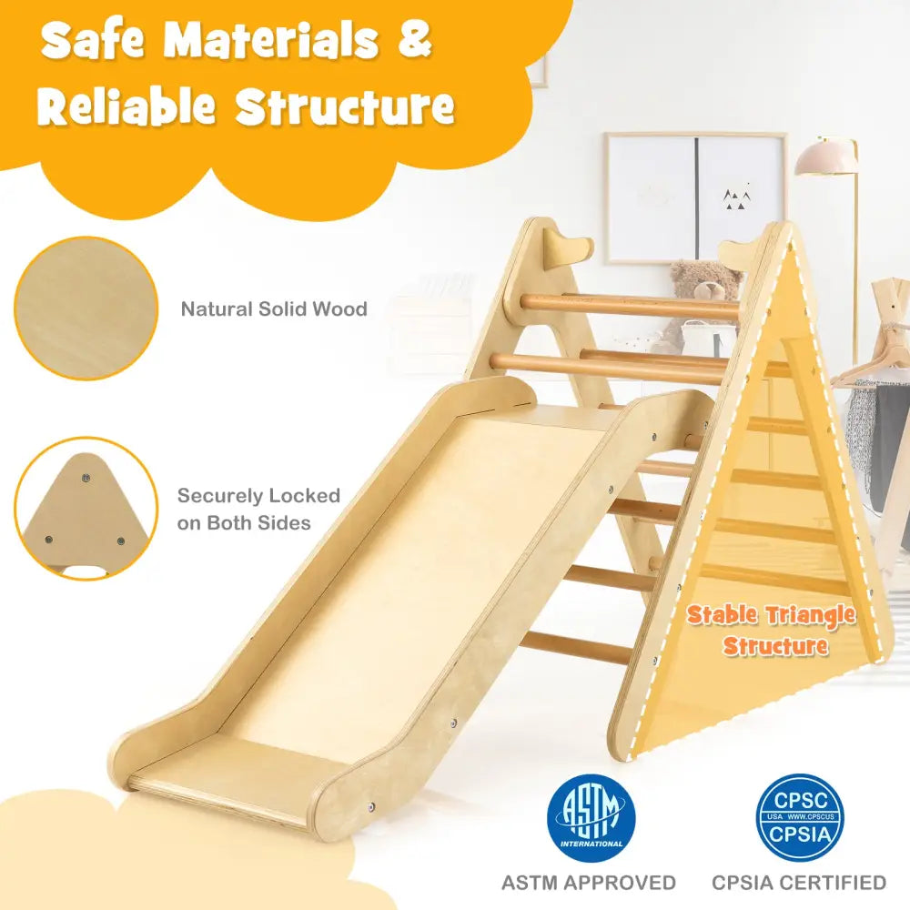 2-in-1 Wooden Triangle Climber Set with Gradient Adjustable Slide-Natural - Natural - Climbers & Slides