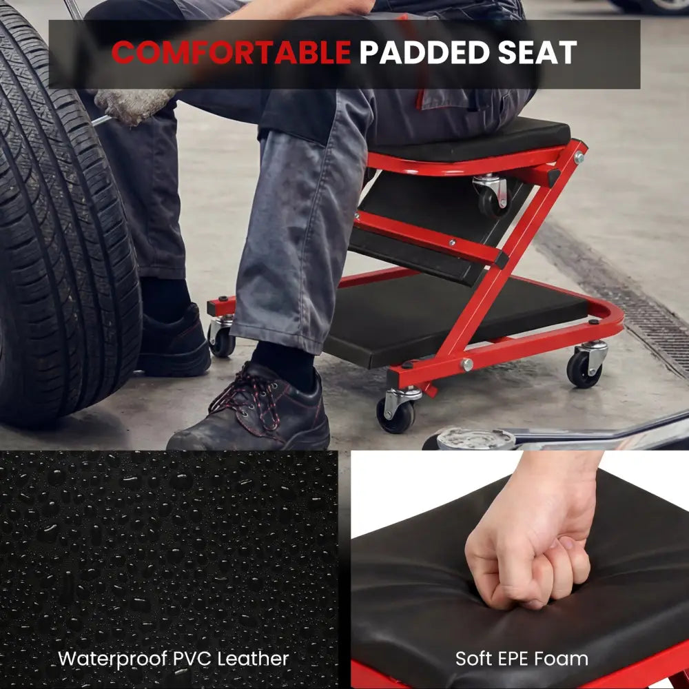 2-in-1 Z-Shaped Rolling Garage Stool 36’’ Folding Flat Automotive Creeper-Red - Red - Garages