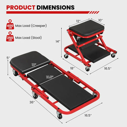 2-in-1 Z-Shaped Rolling Garage Stool 36’’ Folding Flat Automotive Creeper-Red - Red - Garages