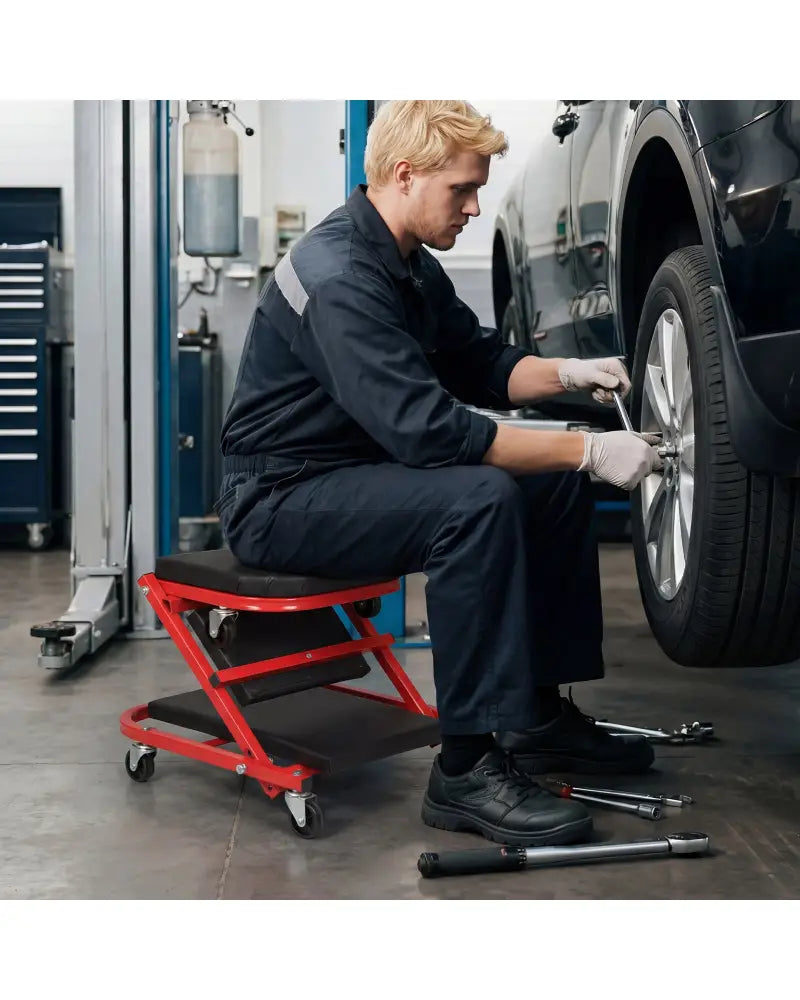 2-in-1 Z-Shaped Rolling Garage Stool 36’’ Folding Flat Automotive Creeper-Red - Red - Garages