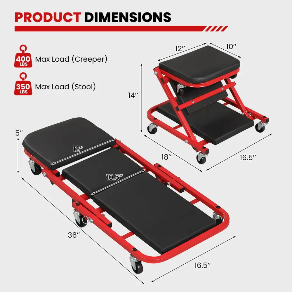 2-in-1 Z-Shaped Rolling Garage Stool 36’’ Folding Flat Automotive Creeper-Red - Red - Garages