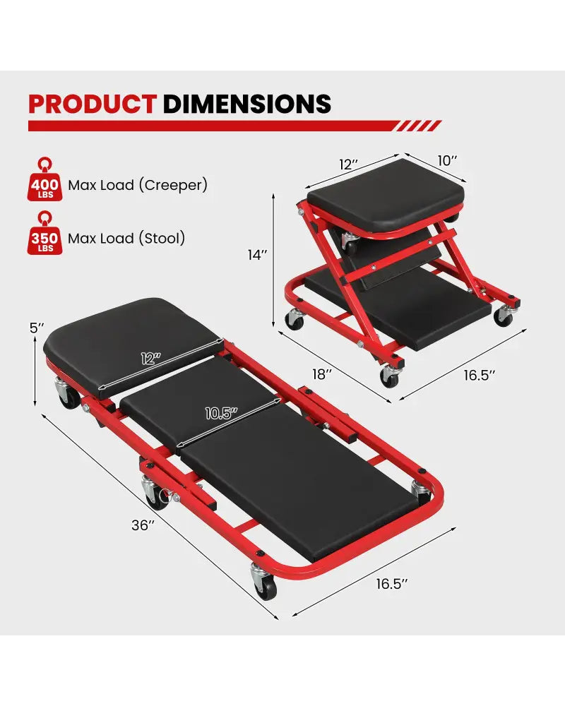 2-in-1 Z-Shaped Rolling Garage Stool 36’’ Folding Flat Automotive Creeper-Red - Red - Garages