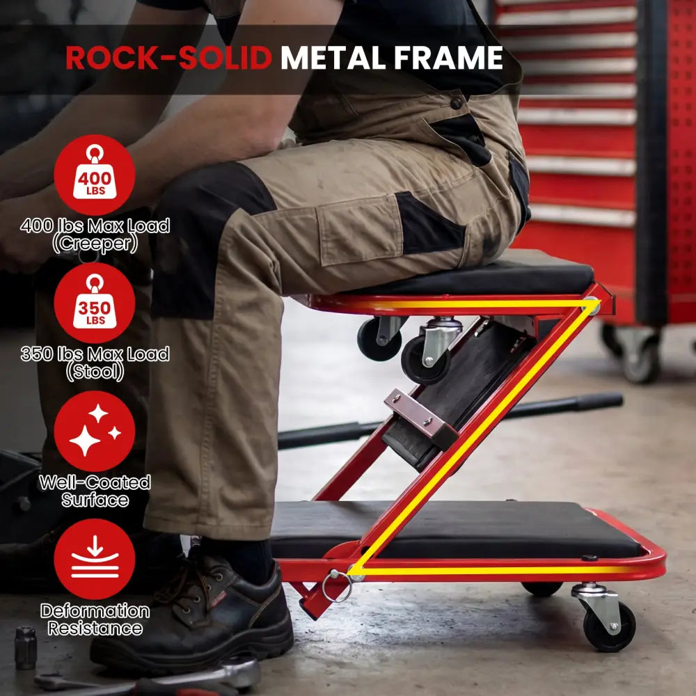 2-in-1 Z-Shaped Rolling Garage Stool 36’’ Folding Flat Automotive Creeper-Red - Red - Garages