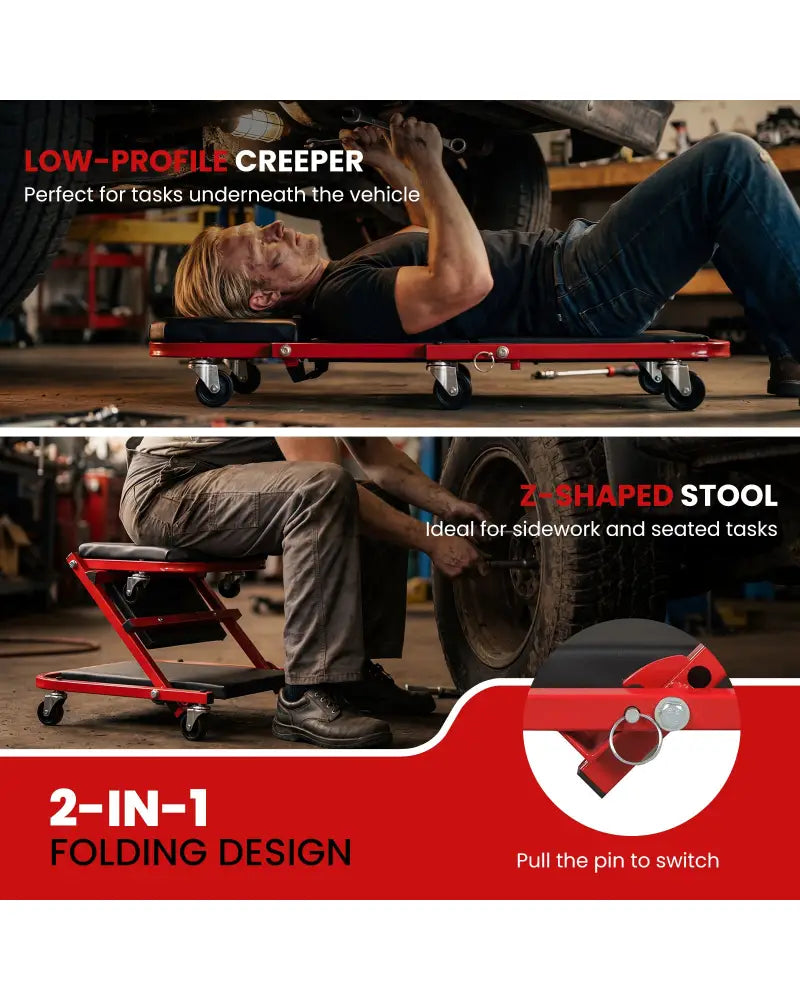 2-in-1 Z-Shaped Rolling Garage Stool 36’’ Folding Flat Automotive Creeper-Red - Red - Garages