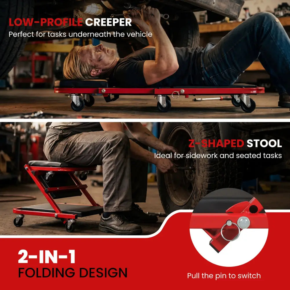 2-in-1 Z-Shaped Rolling Garage Stool 36’’ Folding Flat Automotive Creeper-Red - Red - Garages