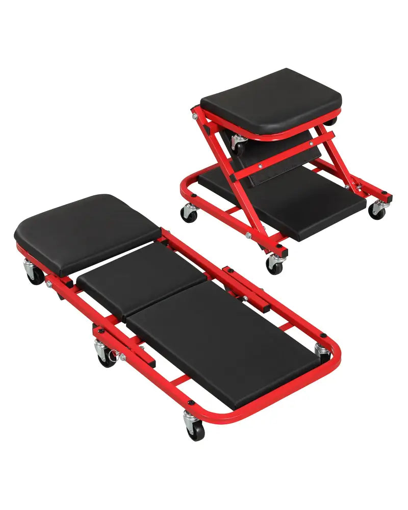 2-in-1 Z-Shaped Rolling Garage Stool 36’’ Folding Flat Automotive Creeper-Red - Red - Garages