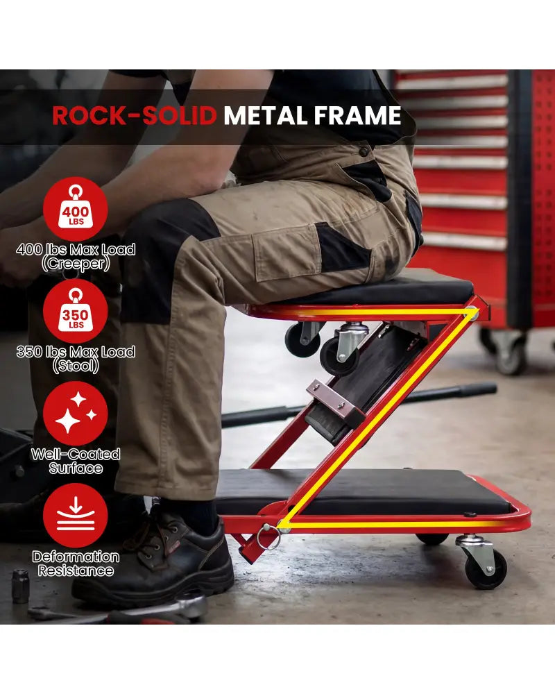 2-in-1 Z-Shaped Rolling Garage Stool 36’’ Folding Flat Automotive Creeper-Red - Red - Garages