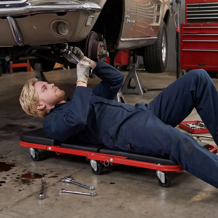 2-in-1 Z-Shaped Rolling Garage Stool 36’’ Folding Flat Automotive Creeper-Red - Red - Garages