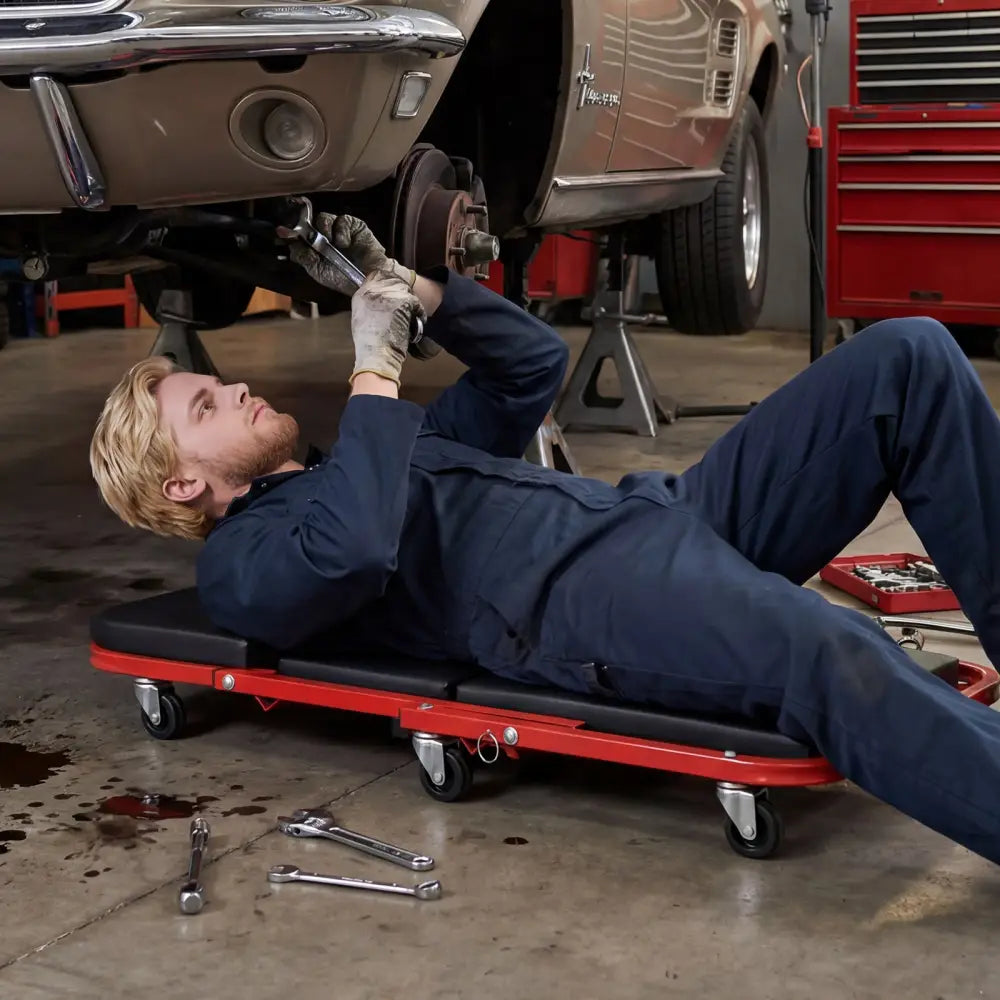 2-in-1 Z-Shaped Rolling Garage Stool 36’’ Folding Flat Automotive Creeper-Red - Red - Garages