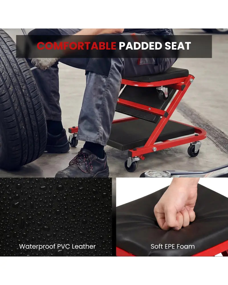 2-in-1 Z-Shaped Rolling Garage Stool 36’’ Folding Flat Automotive Creeper-Red - Red - Garages