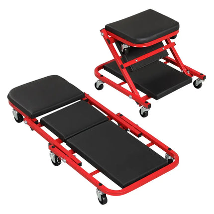 2-in-1 Z-Shaped Rolling Garage Stool 36’’ Folding Flat Automotive Creeper-Red - Red - Garages