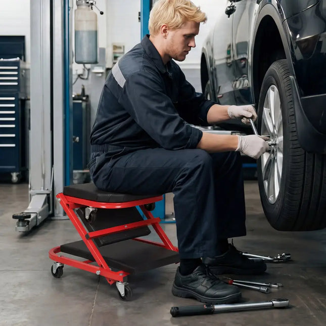 2-in-1 Z-Shaped Rolling Garage Stool 36’’ Folding Flat Automotive Creeper-Red - Red - Garages