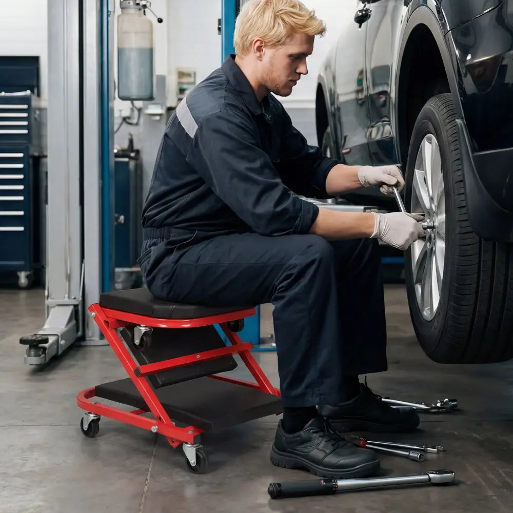 2-in-1 Z-Shaped Rolling Garage Stool 36’’ Folding Flat Automotive Creeper-Red - Red - Garages