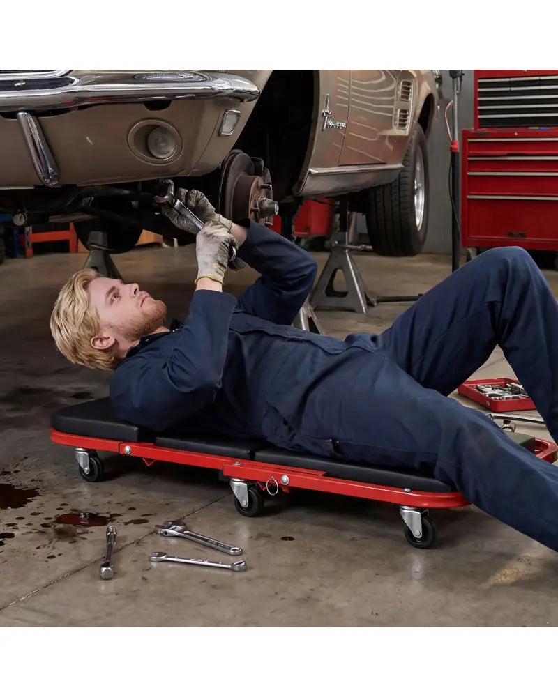 2-in-1 Z-Shaped Rolling Garage Stool 36’’ Folding Flat Automotive Creeper-Red - Red - Garages