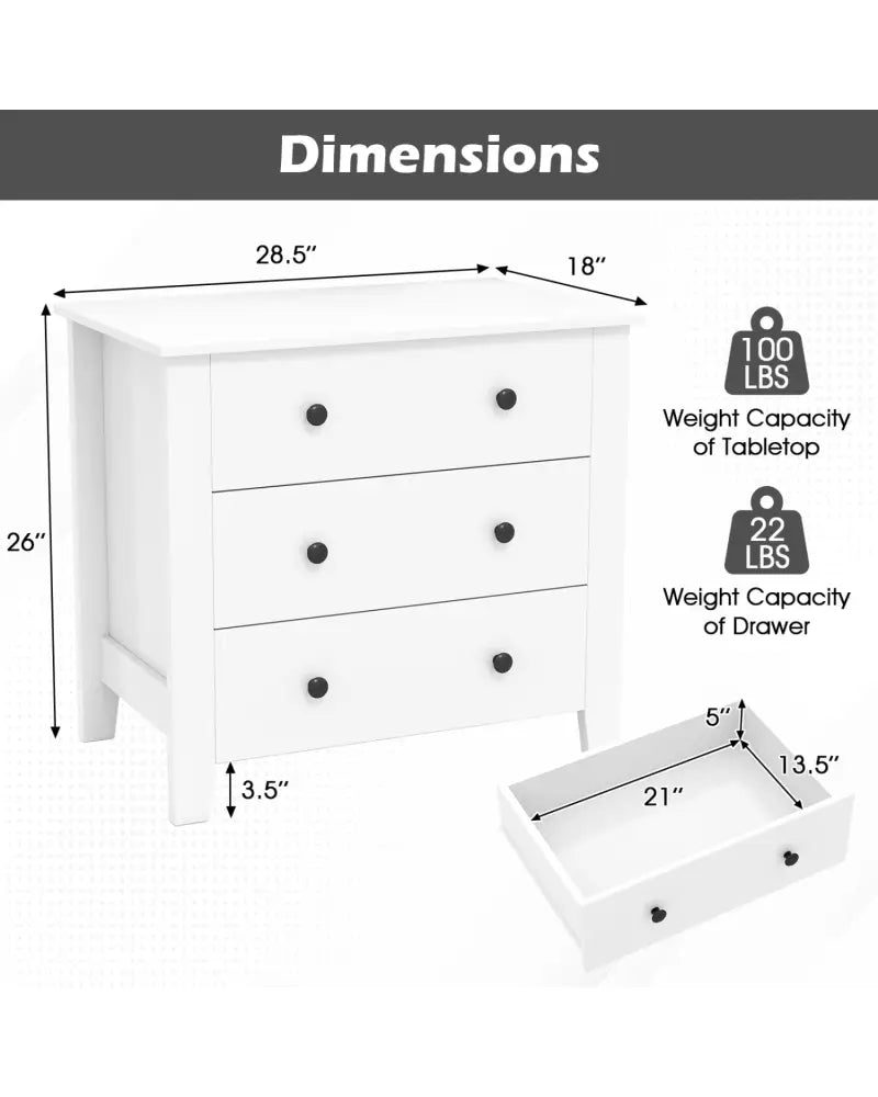 2-Pack 3 Drawer Dresser Chest of Drawers Bedside Table-White - White - Dressers & Chests