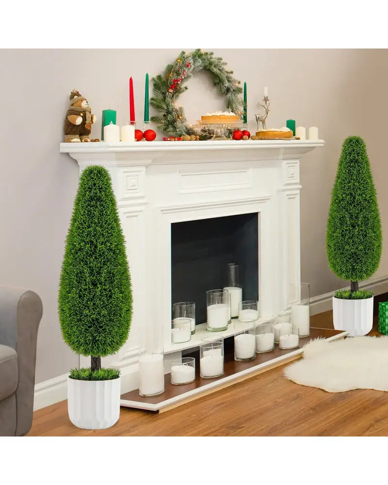 2 Pack 3 Feet Artificial Cedar Teardrop Shaped Bush with Plastic Nursery Pot-Green - Green - Faux Plants