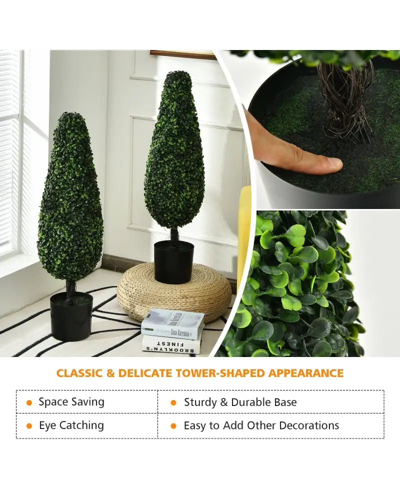 2 Pack 3 Feet Artificial Tower UV Resistant Indoor Outdoor Topiary Tree - Green - Faux Plants