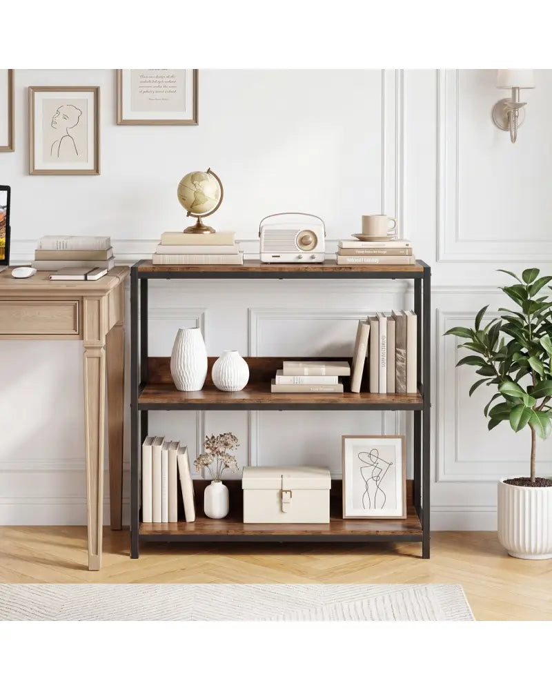 2-Pack 3-Tier Industrial Bookshelf with Metal Frame-Rustic Brown - Rustic Brown - Cabinets & Chests
