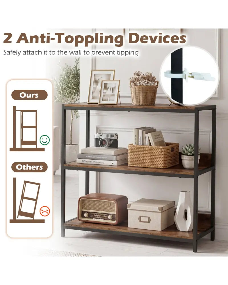 2-Pack 3-Tier Industrial Bookshelf with Metal Frame-Rustic Brown - Rustic Brown - Cabinets & Chests
