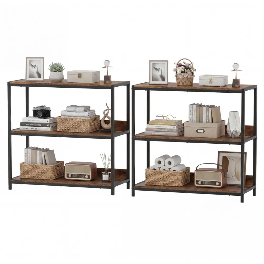 2-Pack 3-Tier Industrial Bookshelf with Metal Frame-Rustic Brown - Rustic Brown - Cabinets & Chests