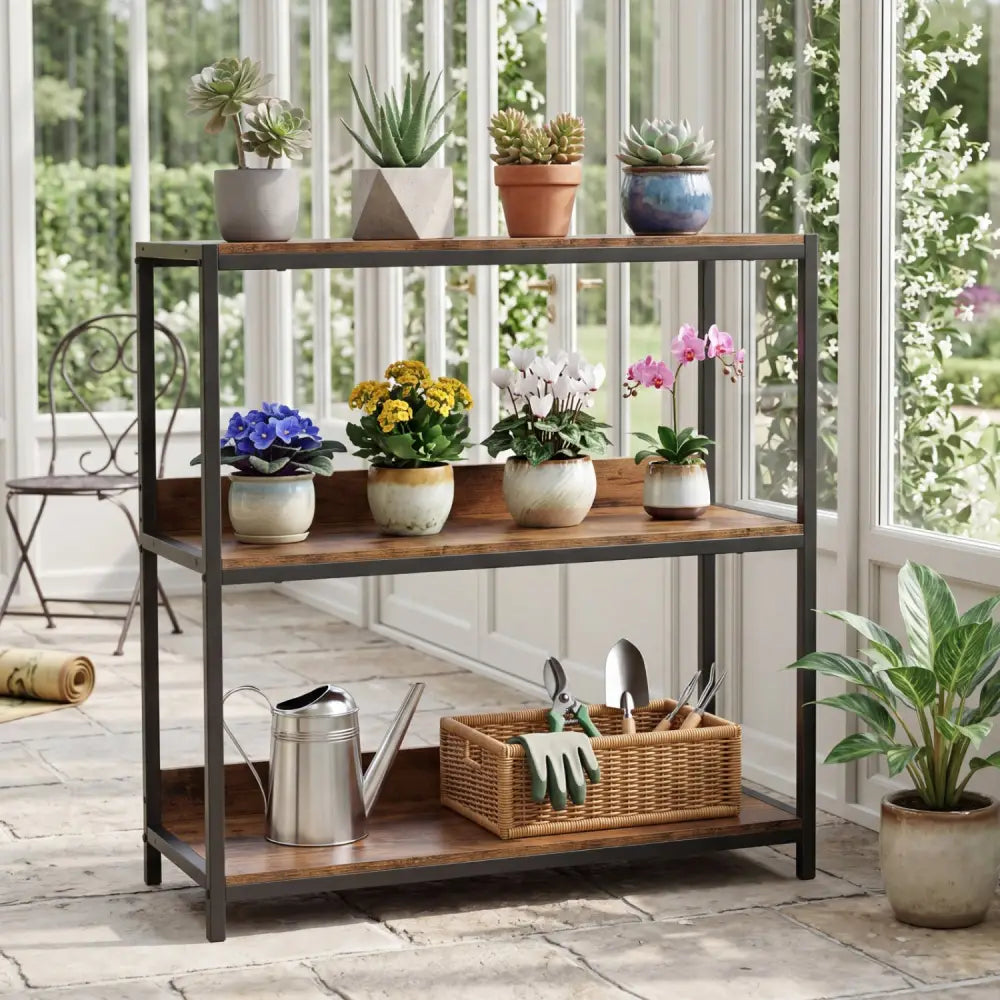 2-Pack 3-Tier Industrial Bookshelf with Metal Frame-Rustic Brown - Rustic Brown - Cabinets & Chests
