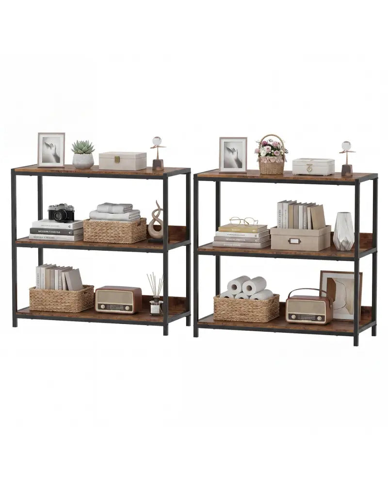 2-Pack 3-Tier Industrial Bookshelf with Metal Frame-Rustic Brown - Rustic Brown - Cabinets & Chests