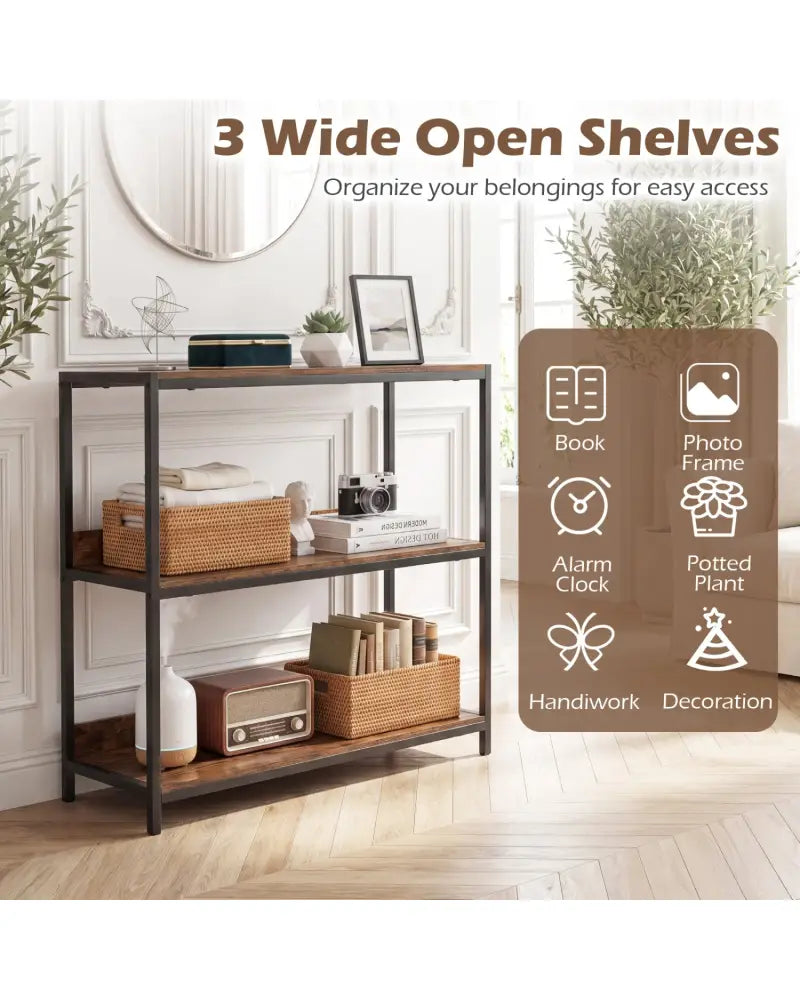 2-Pack 3-Tier Industrial Bookshelf with Metal Frame-Rustic Brown - Rustic Brown - Cabinets & Chests