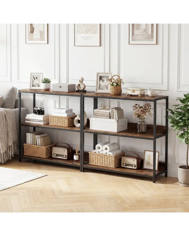 2-Pack 3-Tier Industrial Bookshelf with Metal Frame-Rustic Brown - Rustic Brown - Cabinets & Chests