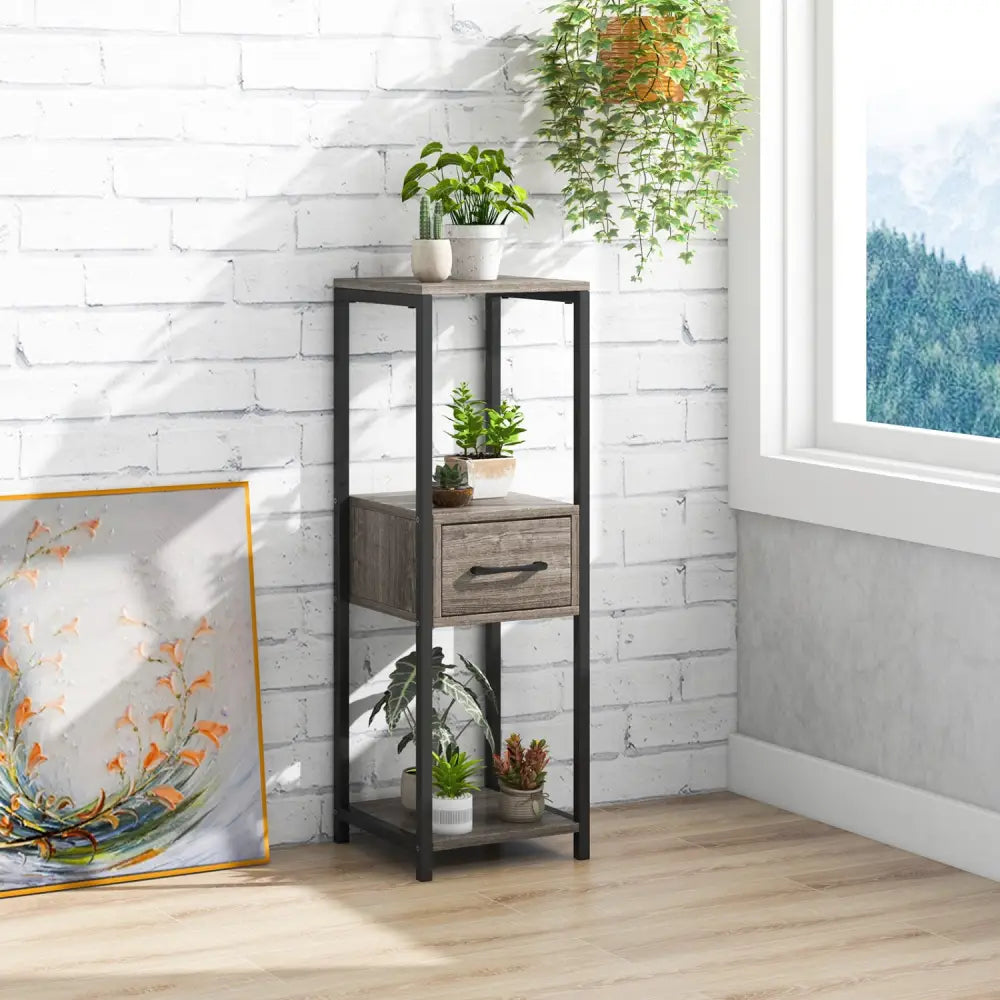 2 Pack 3 Tier Tall Metal Plant Stand with Drawer and Display Shelf-Gray - Gray - Plant Stands