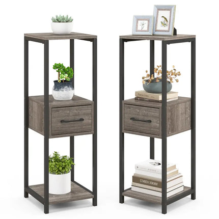 2 Pack 3 Tier Tall Metal Plant Stand with Drawer and Display Shelf-Gray - Gray - Plant Stands