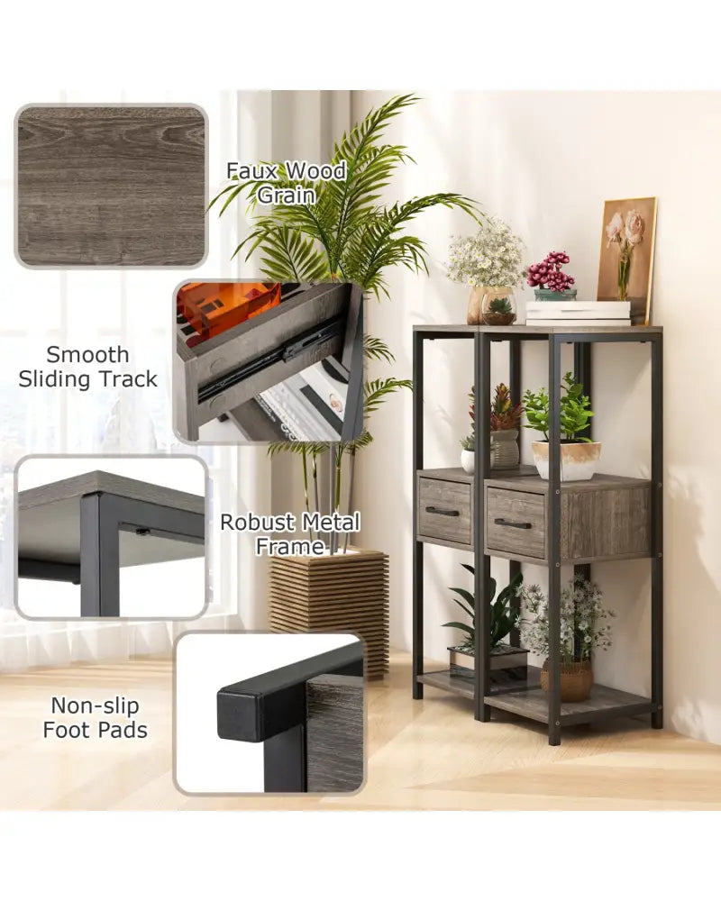 2 Pack 3 Tier Tall Metal Plant Stand with Drawer and Display Shelf-Gray - Gray - Plant Stands